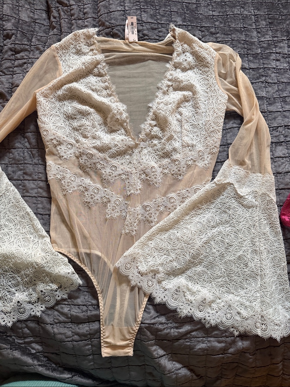 Victoria's Secret Nude Sheer Lace-Trim Long Sleeve Bodysuit